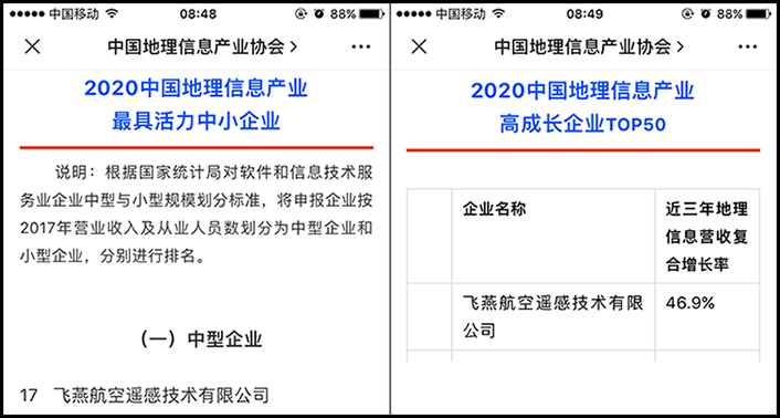 喜訊丨飛燕遙感榮獲2020中國(guó)地理信息產(chǎn)業(yè)最具活力中型企業(yè)榮譽(yù)稱號(hào)，榮耀入選2020中國(guó)地理信息產(chǎn)業(yè)高成長(zhǎng)企業(yè)TOP50！